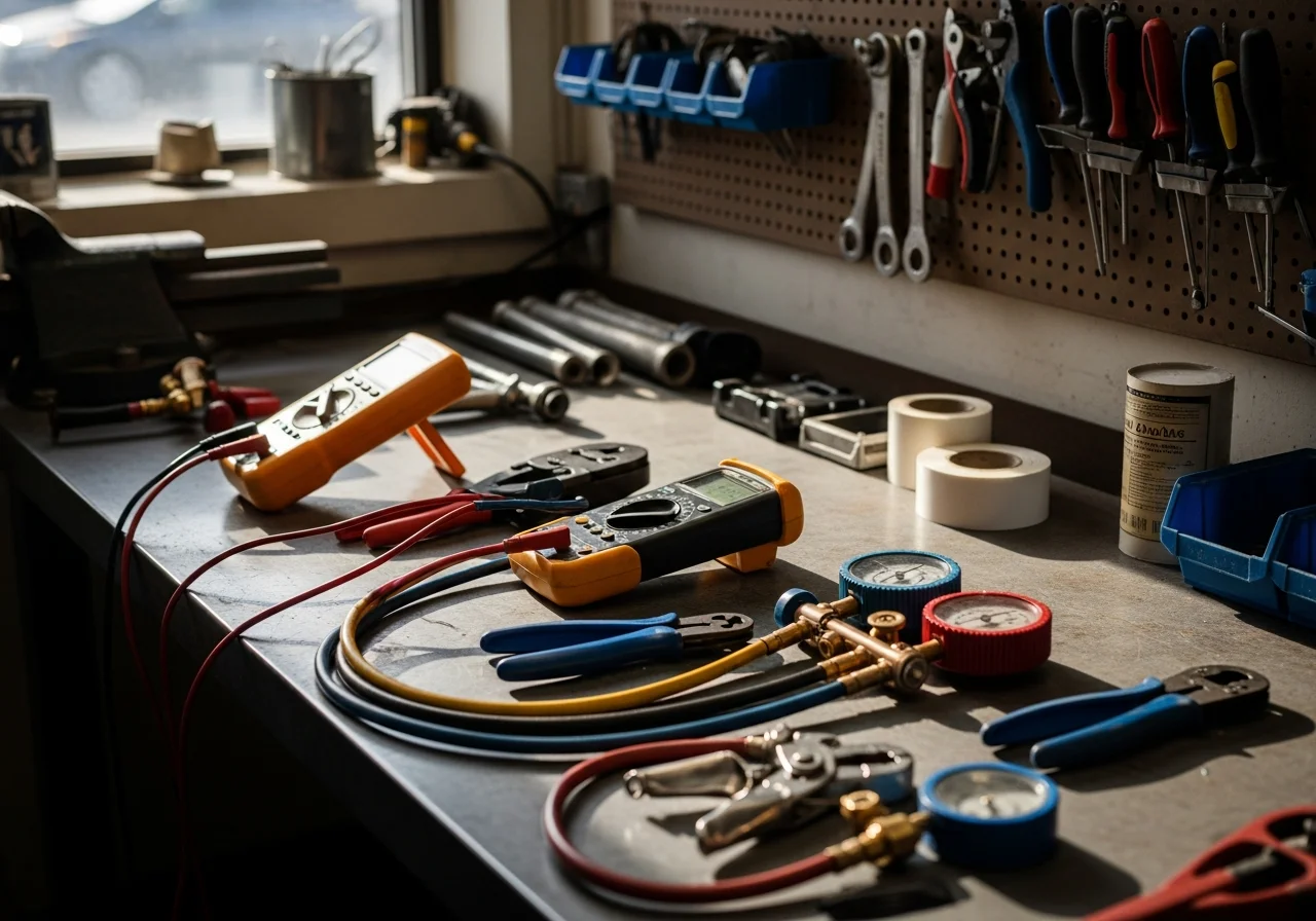 HVAC technician tools and equipment on a workbench, representing the trade expertise and service readiness of a professional heating and cooling contractor.