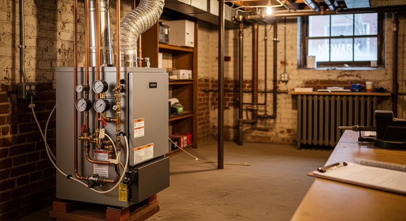 Technician inspecting a residential boiler system