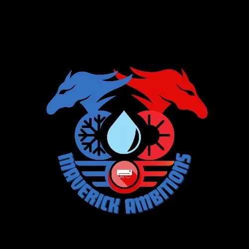 Maverick Ambitions HVAC logo with blue and red horses, water droplet, and sun symbol