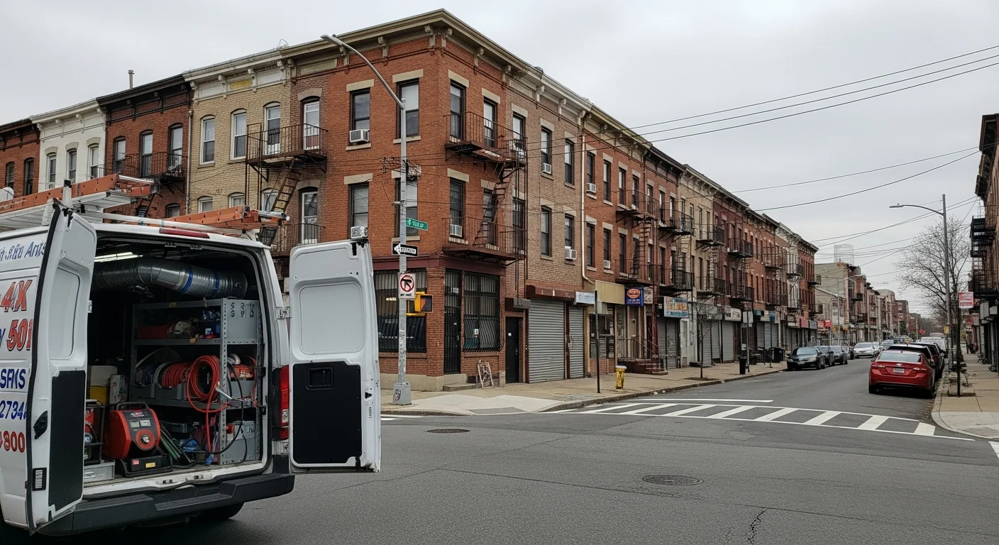 Urban street in Newark with mixed residential and commercial buildings typical of Essex County neighborhoods.
