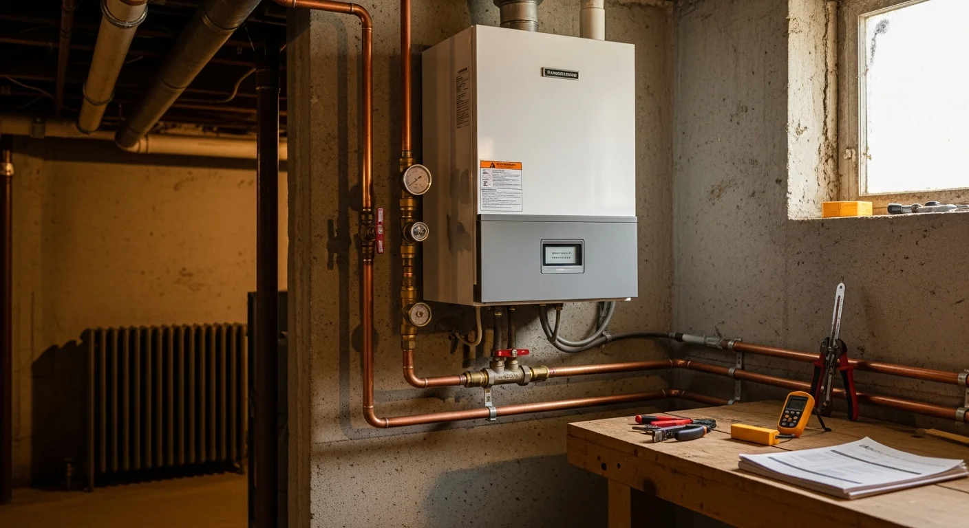 A newly installed residential boiler in a basement utility room of an older Essex County home. The unit is connected to existing hot-water piping and radiator distribution lines.
