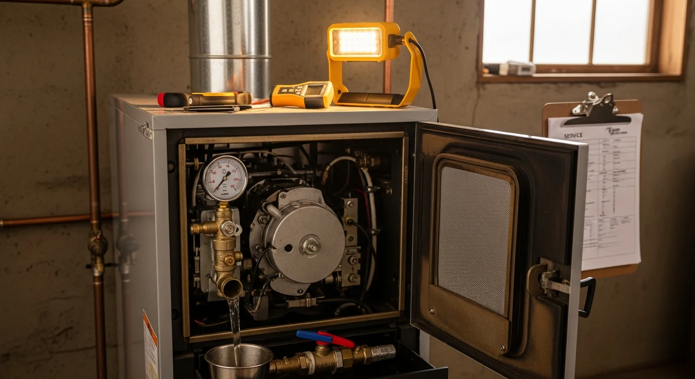 A heating contractor from Maverick Ambitions HVAC LLC inspecting a residential boiler in an Essex County home basement. The technician checks pressure gauges and internal components on an older steam heating system.