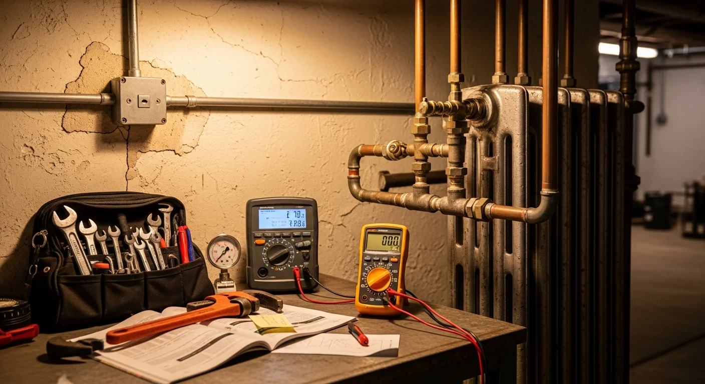 A licensed heating contractor from Maverick Ambitions HVAC LLC inspecting a cast-iron steam boiler in the basement of an older Essex County home. The technician is checking pressure gauges and pipe connections during a boiler repair visit.