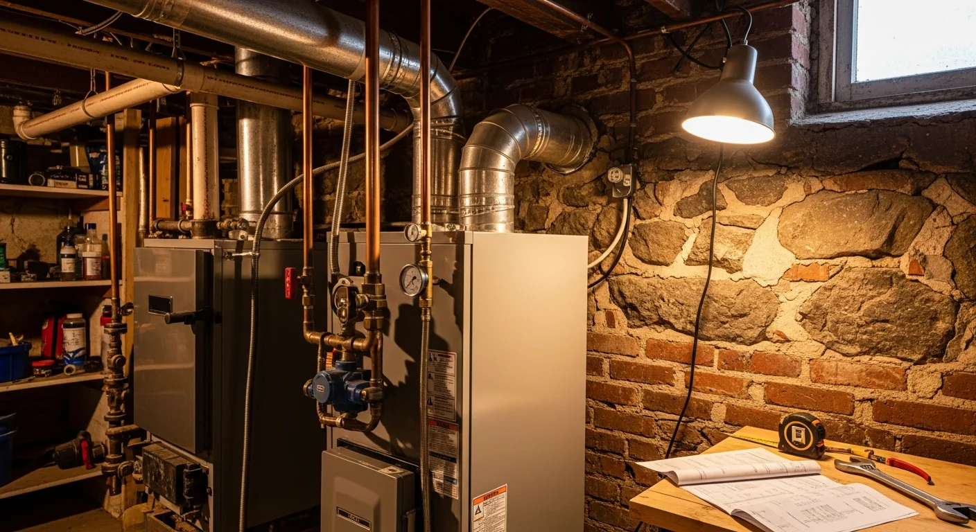 A newly installed residential boiler in the basement of an older Essex County, NJ home, connected to existing hot-water piping and radiator lines. The unit sits in a clean utility space with updated venting running to the wall.