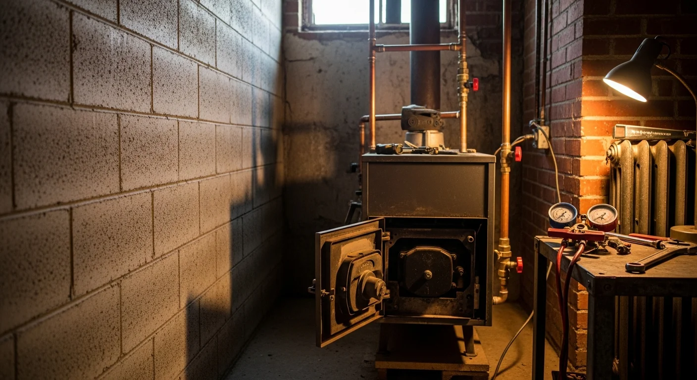 A licensed HVAC technician from Maverick Ambitions HVAC LLC inspecting a residential steam boiler and cast-iron radiator system in an Essex County home. The technician is checking system pressure and controls during an emergency service call.