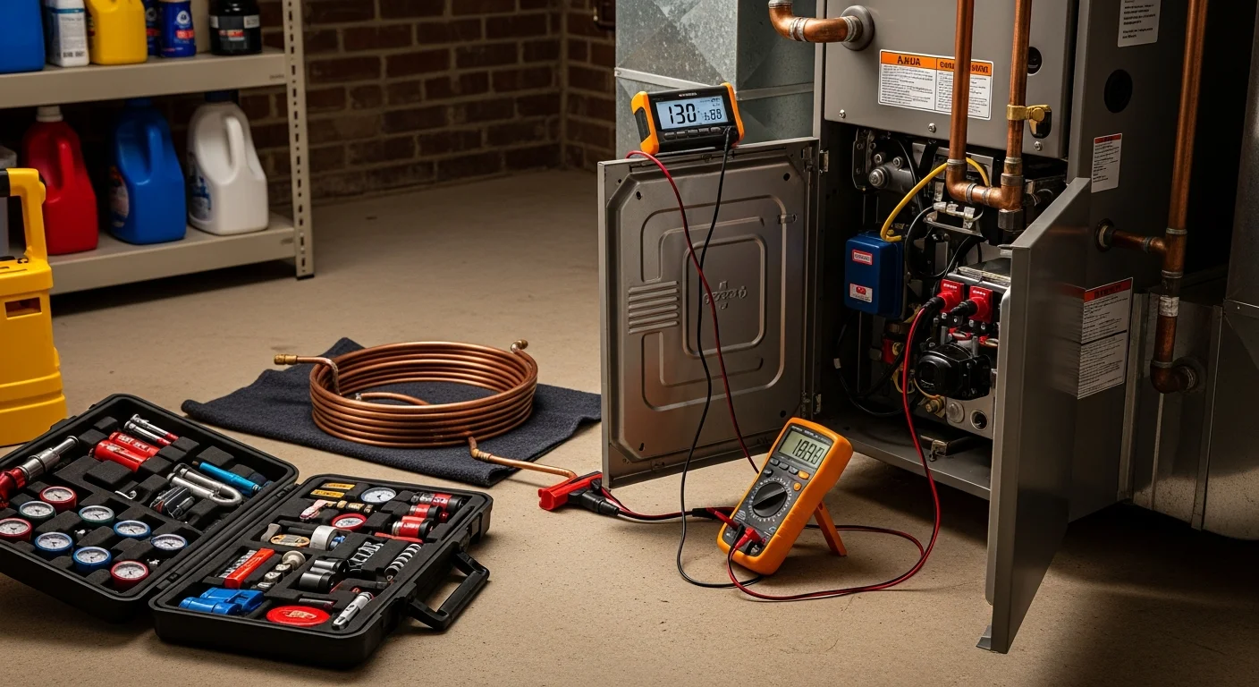 A Maverick Ambitions HVAC LLC technician inspecting a residential furnace unit inside an Essex County, NJ home during a heating system emergency. The technician is reviewing internal components with diagnostic tools in a utility room.
