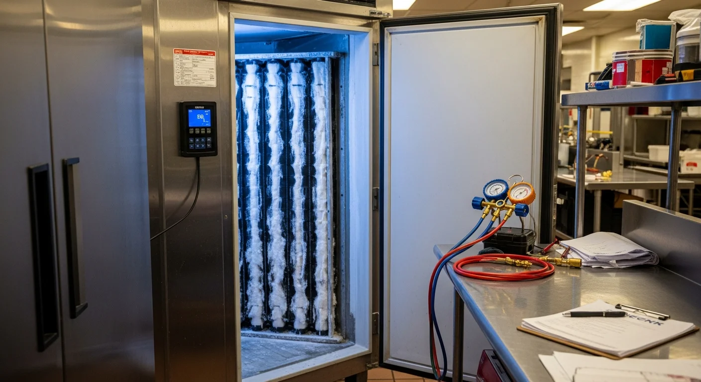 A commercial walk-in cooler interior in an Essex County restaurant kitchen, showing stainless steel shelving and a technician from Maverick Ambitions HVAC LLC inspecting the evaporator coil unit mounted on the ceiling.