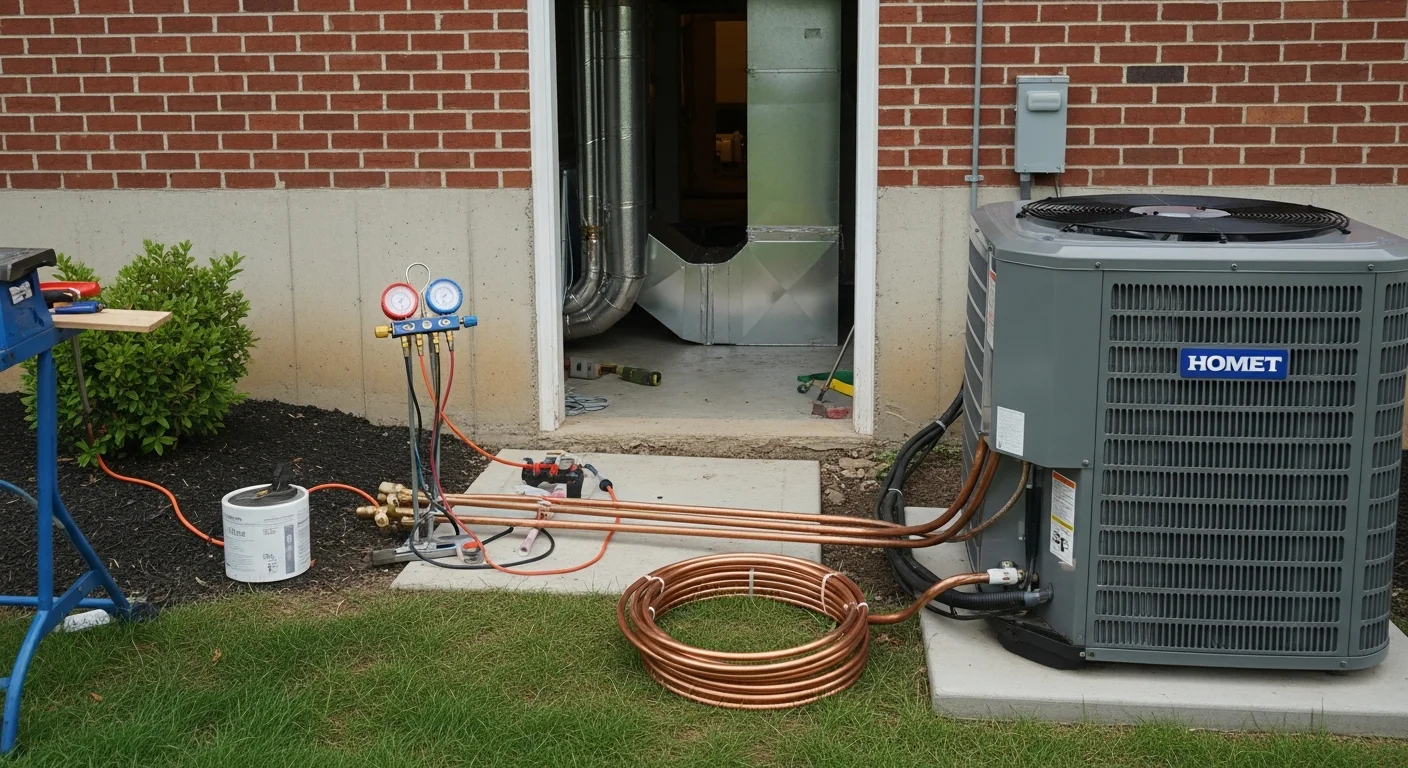 A licensed HVAC technician from Maverick Ambitions HVAC LLC completing an outdoor condenser unit installation at a residential property in Essex County, NJ. The technician is connecting refrigerant lines to a newly mounted unit beside a single-family home.