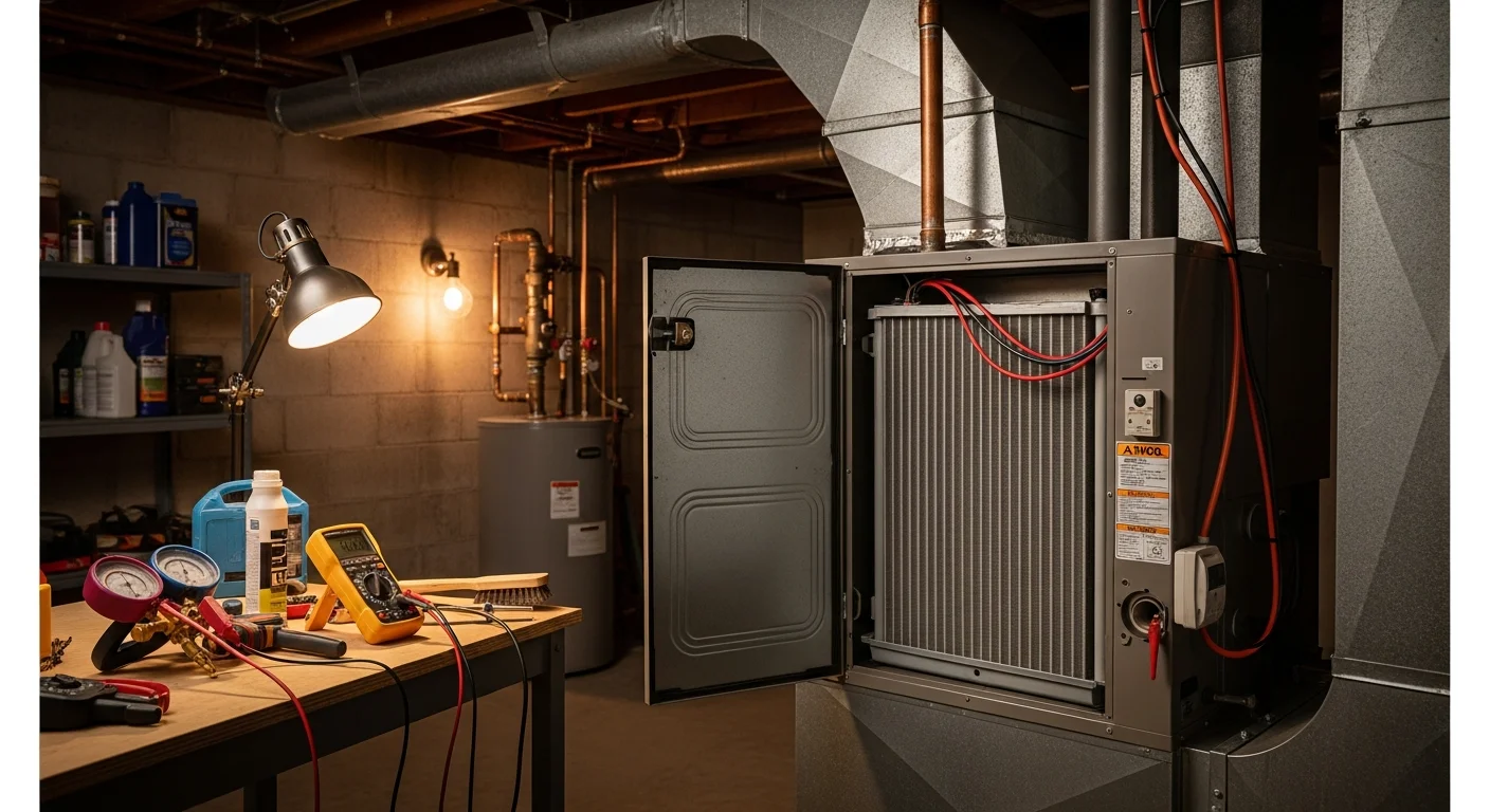 A Maverick Ambitions HVAC LLC technician inspecting and cleaning the indoor air handler unit of a residential HVAC system in an Essex County home. The technician is checking internal components with a flashlight during a scheduled maintenance visit.