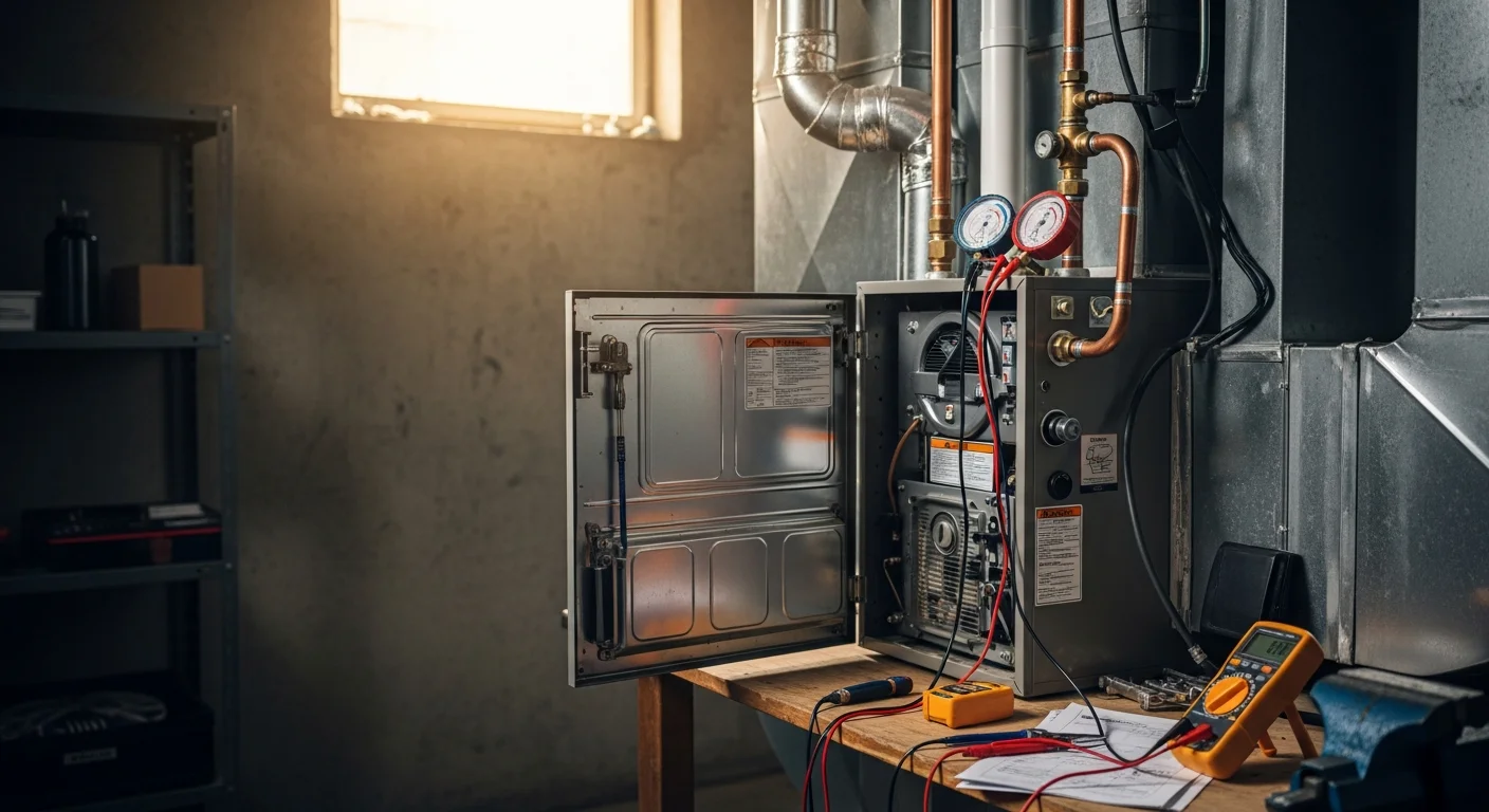 A Maverick Ambitions HVAC LLC technician inspecting an open furnace unit inside an Essex County, NJ home. The technician is checking internal components during a diagnostic repair visit.