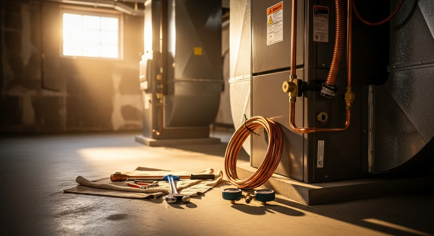 A newly installed HVAC system with a clean outdoor condenser unit positioned beside a residential home in Essex County, NJ. The unit sits on a level pad with fresh refrigerant lines running into the home's exterior wall.