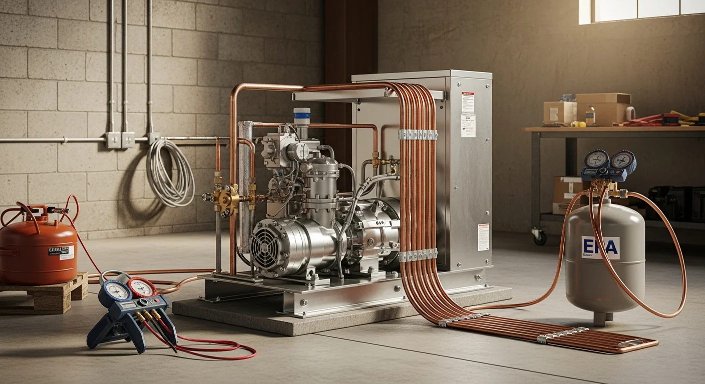 A licensed refrigeration contractor from Maverick Ambitions HVAC LLC completing a commercial refrigeration installation inside a food service facility in Essex County, NJ. The technician is connecting refrigerant lines to a walk-in cooler unit in a commercial kitchen setting.