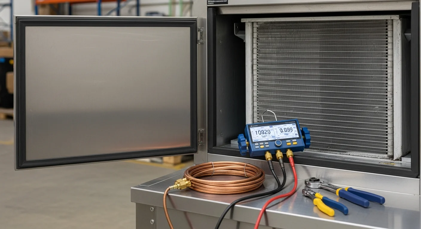 A refrigeration technician from Maverick Ambitions HVAC LLC inspecting the condenser coils on a commercial walk-in cooler unit at an Essex County, NJ food service facility. The technician is checking system components as part of a scheduled refrigeration maintenance visit.