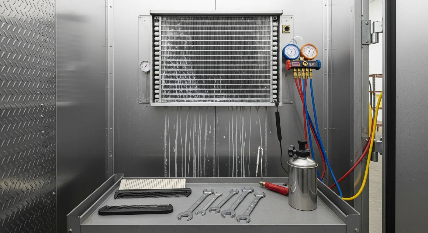 A refrigeration contractor from Maverick Ambitions HVAC LLC inspecting the condenser coils of a commercial refrigeration unit inside an Essex County, NJ commercial kitchen. The technician uses diagnostic tools to assess the system before beginning repairs.
