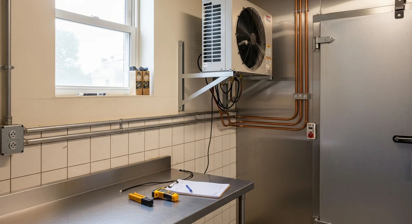 A newly installed commercial walk-in cooler inside a food service kitchen in Essex County, NJ, with insulated panels, a sealed door, and a condensing unit mounted on the exterior wall. The interior shows clean stainless shelving and a digital temperature display on the door frame.